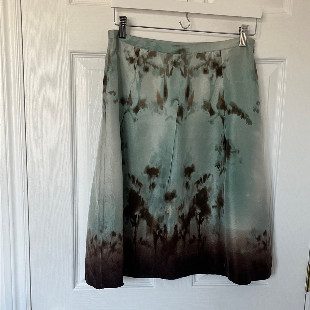 A-Line Tie-Dye Midi Skirt in Light Teal and Brown